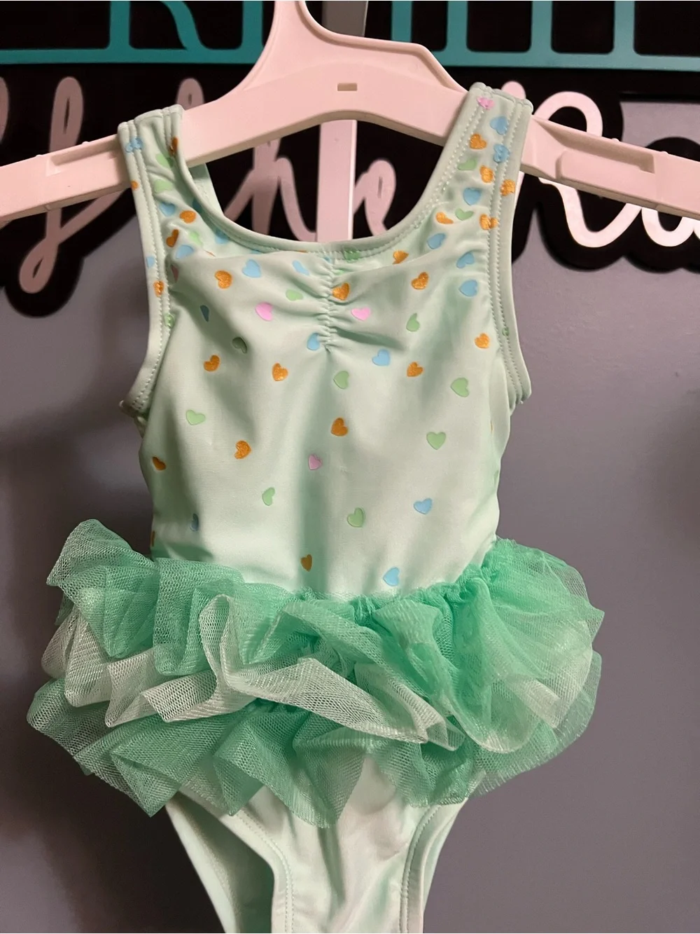 Cat & Jack Green Heart Tulle One Piece Swimsuit NWT
